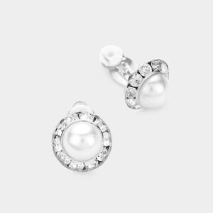 Silver White Pearl Clip On Earrings 0.6 Inch Crystal Rhinestone Trim ClipOns